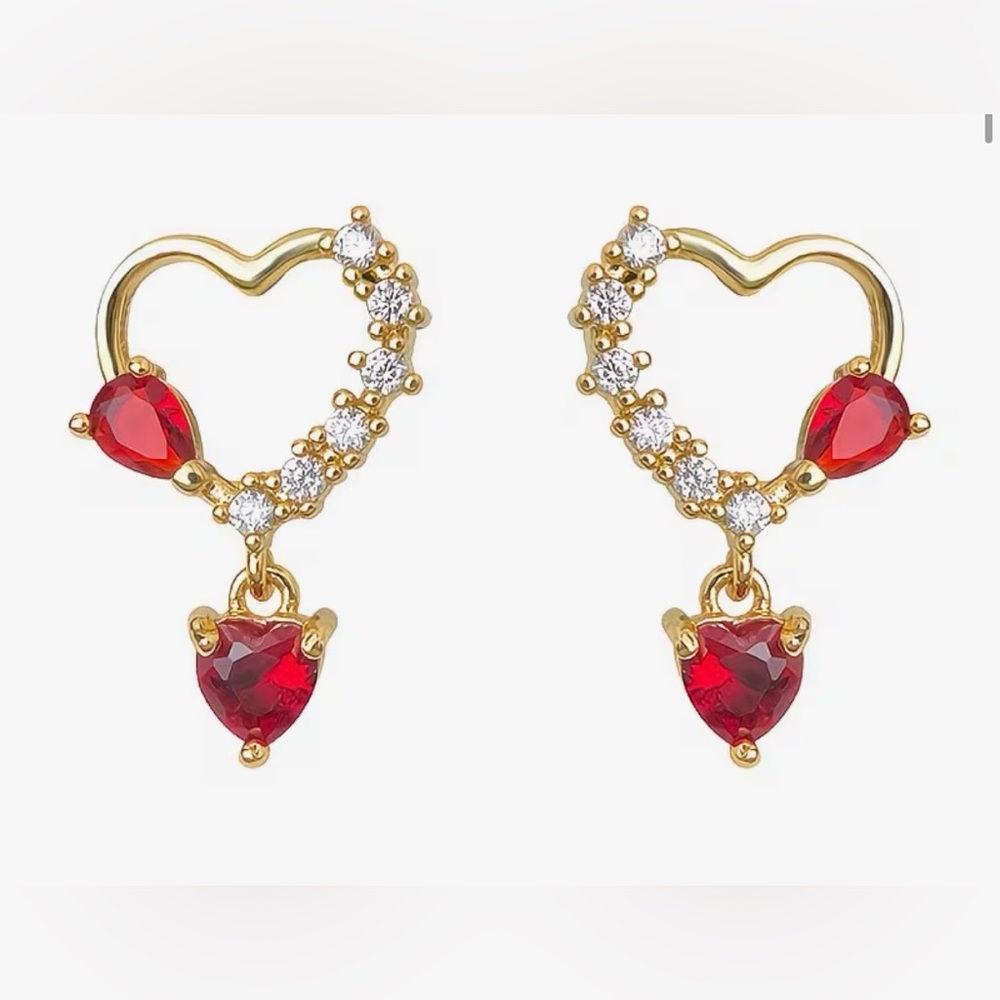 Heart-Shaped Gold and Red Crystal Earrings